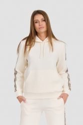 GUESS Beżowa damska bluza Carla Hooded. Brązowe bluzy damskie Guess, s, z aplikacjami, z bawełny, bez kaptura. W wyprzedaży za 322.99 zł.