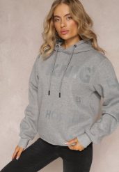 Szara Bluza z Kapturem i Ozdobnym Nadrukiem Lecu. Szare bluzy damskie Renee, l, bez wzorów, z polaru, z kapturem. Za 59.99 zł.