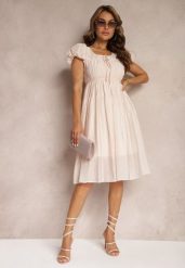 Jasnoróżowa Sukienka z Bufiastymi Rękawami i Gumką w Pasie o Rozkloszowanym Kroju Vikkitha. Czerwone sukienki damskie Renee, bez wzorów, eleganckie, bez ramiączek. W wyprzedaży za 167.99 zł.