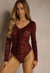 Bordowe Body z Koronki Ozdobione Falbanką Videle. Czerwone body i gorsety Renee, bez wzorów, z jeansu. Za 99.99 zł.
