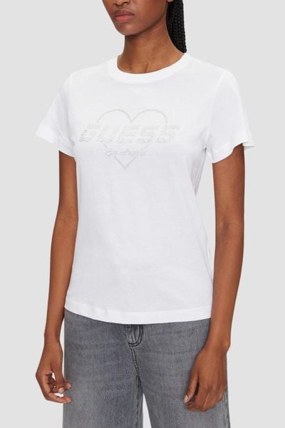 GUESS Biały damski t-shirt Narciso, Rozmiar M. Białe t-shirty damskie Guess, m, z aplikacjami, bez kołnierzyka. W wyprzedaży za 99.99 zł.