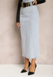 Jasnoniebieska Jeansowa Spódnica Midi Bawełniana z Ażurowym Paskiem i Klamrą Allerio. Niebieskie spódnice damskie Renee, l, w ażurowe wzory, z bawełny, eleganckie, midi. Za 159.99 zł.