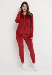 Bordowy Komplet Dresowy z Welurowej Dzianiny z Bluzą i Spodniami Ariliv. Czerwone bluzy damskie Born2be, s, bez wzorów, z dresówki, z kapturem. Za 79.99 zł.