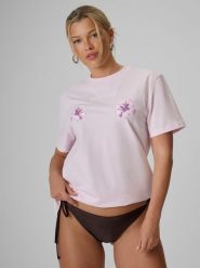4F T-shirt loose z nadrukiem damski - różowy S. Czerwone koszulki sportowe damskie 4F, s, bez wzorów, z bawełny, bez ramiączek. Za 79.99 zł.