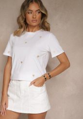 Biało-Beżowy Bawełniany T-shirt z Motywem Serc Aramiraa. Białe t-shirty damskie Renee, l, bez wzorów, z bawełny, bez kołnierzyka. Za 44.99 zł.