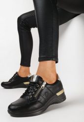 Czarne Sznurowane Sneakersy na Koturnie ze Skórzaną Wkładką i Suwakiem Lolain. Czarne obuwie sportowe damskie Born2be, bez zapięcia. Za 139.99 zł.