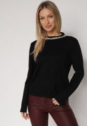Czarny Sweter z Dodatkiem Kaszmiru Ozdobiony Cekinami i Cyrkoniami Vetimona. Czarne swetry klasyczne damskie Born2be, z jeansu, bez kołnierzyka. Za 104.99 zł.