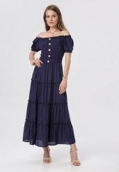 Granatowa Sukienka z Wiskozy o Kroju Hiszpanki Ciririla. Niebieskie sukienki damskie Born2be, bez wzorów, z tkaniny, eleganckie, bez ramiączek. Za 129.99 zł.