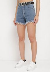 Niebieskie Szorty Jeansowe z Modnie Postrzępionymi Nogawkami i Paskiem z Ekoskóry Piorita. Niebieskie szorty damskie Born2be, bez wzorów, z jeansu. Za 119.99 zł.