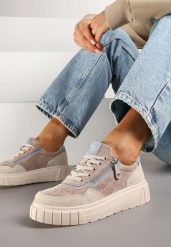 Beżowo-Niebieskie Skórzane Sneakersy w Streetwearowym Stylu Zdobione Suwakiem Elearessa. Brązowe obuwie sportowe damskie Born2be, na jesień, z jeansu, bez zapięcia. Za 189.99 zł.