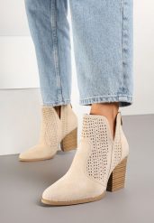 Beżowe Botki na Obcasie z Ozdobnym Wycięciem Dolinala. Brązowe botki damskie Born2be, z jeansu, eleganckie, bez obcasa, na obcasie, bez zapięcia. Za 129.99 zł.