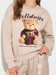 Bluza crewneck z motywem świątecznym - beżowy. Brązowe bluzy damskie Sinsay, l, bez wzorów, bez kaptura. W wyprzedaży za 19.99 zł.