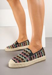 Czarne Espadryle Ozdobione Metaliczną Nitką na Podeszwie z Plecionki Raslira. Czarne espadryle damskie Renee, bez wzorów, bez obcasa. Za 59.99 zł.