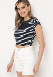 Granatowo-Biały Bawełniany T-shirt Prążkowany o Krótkim Kroju Quedara. Niebieskie t-shirty damskie Born2be, m, bez wzorów, z bawełny, bez kołnierzyka. Za 34.99 zł.