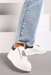Biało-Czarne Sneakersy na Grubej Podeszwie z Metaliczną Aplikacją i Cyrkoniami Loraria. Białe obuwie sportowe damskie Born2be, z materiału, bez zapięcia. Za 84.99 zł.