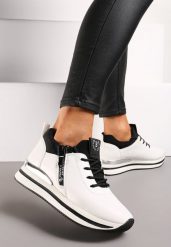 Biało-Czarne Sznurowane Sneakersy na Niskiej Platformie z Ozdobnym Suwakiem Alirapa. Białe obuwie sportowe damskie Renee, z materiału, bez zapięcia. Za 74.99 zł.