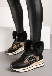 Czarne Sneakersy na Grubej Podeszwie Ozdobione Futerkiem i Metalicznymi Wstawkami Miathrae. Czarne obuwie sportowe damskie Born2be, z jeansu, bez zapięcia. Za 119.99 zł.
