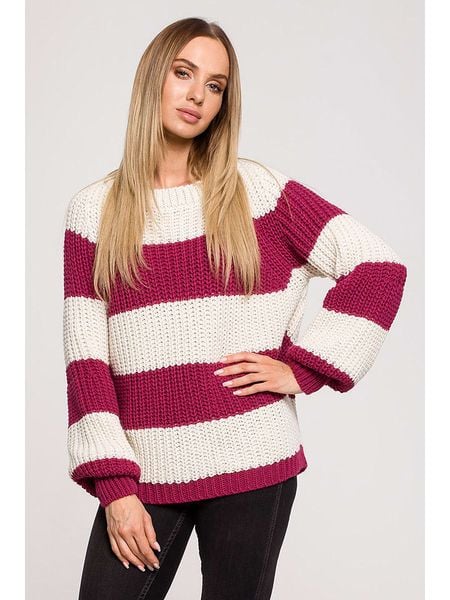 Made of emotion Sweter w kolorze biało-fioletowym rozmiar: L/XL. Białe swetry klasyczne damskie Made Of Emotion, l, ze splotem, bez kołnierzyka. Za 96.14 zł.