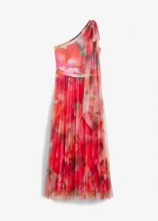 Sukienka one-shoulder z plisowaną częścią spódnicową z tiulu. Czerwone sukienki damskie bonprix, z aplikacjami, z tiulu, wizytowe, bez ramiączek. Za 279.99 zł.