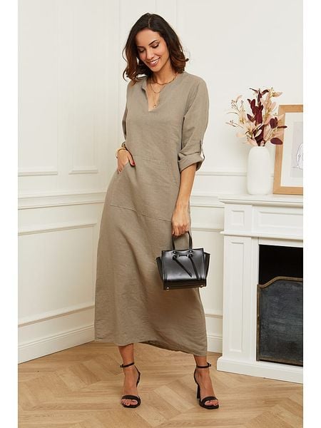 Le Monde du Lin Lniana sukienka w kolorze szarobrązowym rozmiar: 40/42. Brązowe sukienki damskie Le Monde du Lin, bez wzorów, ze lnu, klasyczne, bez ramiączek. Za 126.75 zł.