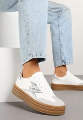 Srebrno-Białe Sneakersy w Stylu Tenisówek Ozdobione Geometrycznym Wzorem Tolivanna. Szare obuwie sportowe damskie Renee, z jeansu, bez zapięcia, tenisowe. Za 89.99 zł.