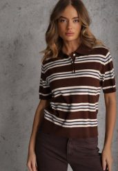 Brązowy T-shirt Polo z Wiskozą w Paski z Guzikami Vevevia. Brązowe koszulki sportowe damskie Renee, m, bez wzorów, z jeansu, bez ramiączek. Za 109.99 zł.