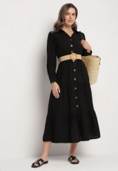 Czarna Sukienka Koszulowa z Wiskozy z Elastycznym Paskiem z Klamrą Felucia. Czarne sukienki damskie Born2be, bez wzorów, z wiskozy, eleganckie, bez ramiączek. W wyprzedaży za 84.99 zł.