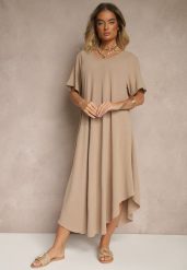 Ciemnobeżowa Sukienka z Bawełną o Rozkloszowanym Kroju Lilzedi. Brązowe sukienki damskie Renee, bez wzorów, z bawełny, eleganckie, bez ramiączek. W wyprzedaży za 63.99 zł.