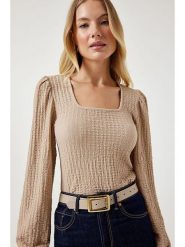 Happiness Istanbul Bluzka w kolorze beżowym rozmiar: 38. Brązowe bluzki damskie Happiness Istanbul, bez wzorów, bez kołnierzyka, bez ramiączek. Za 56.79 zł.