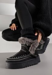 Czarne Śniegowce na Platformie z Futerkiem i Haftowanym Wzorem Celatusa. Czarne śniegowce damskie Renee, z jeansu. Za 109.99 zł.