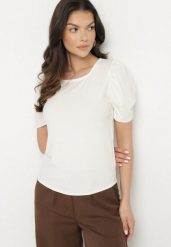 Beżowy Prążkowany T-shirt z Zakładkami przy Rękawach Kolanovia. Brązowe t-shirty damskie Born2be, l, bez wzorów, z jeansu, bez kołnierzyka. Za 34.99 zł.