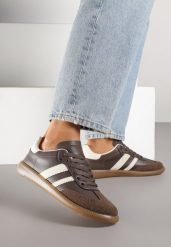 Brązowe Casualowe Sneakersy na Płaskiej Podeszwie z Paskami Jereria. Brązowe obuwie sportowe damskie Renee, z jeansu, bez zapięcia. Za 99.99 zł.