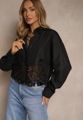 Czarna Koszula Oversize z Wiskozą o Krótkim Kroju z Ażurowymi Zdobieniami Dorbia. Czarne koszule damskie Renee, l, z aplikacjami, z moheru, eleganckie, bez kołnierzyka, bez ramiączek. Za 79.99 zł.
