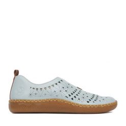 Półbuty Rieker. Niebieskie półbuty damskie Rieker, bez wzorów, bez obcasa, na płaskiej podeszwie, bez zapięcia. Za 299.99 zł.