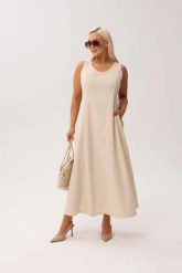 Elegancka sukienka Sevilla Beige MAXI bez rękawów, z kieszeniami i kwiatowym printem PLUS SIZE WIOSNA LATO. Brązowe sukienki damskie Moda Size Plus Iwanek, z aplikacjami, z bawełny, eleganckie, bez ramiączek. Za 339.90 zł.