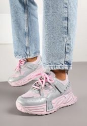 Różowo-Szare Sneakersy na Grubej Tłoczonej Podeszwie Lurimara. Czerwone obuwie sportowe damskie Born2be, z jeansu, bez zapięcia. Za 99.99 zł.