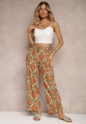 Ciemnobeżowe Wiskozowe Spodnie Boho High Waist z Szerokimi Nogawkami i Gumką w Talii Tiamarra. Brązowe spodnie materiałowe damskie Renee, bez wzorów, z jeansu. Za 39.99 zł.