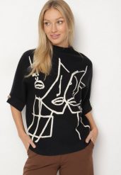 Czarny Pudełkowy Golf z Krótkim Rękawem i Grafiką Unvessa. Czarne golfy damskie Born2be, bez wzorów, z jeansu, bez ramiączek. Za 79.99 zł.
