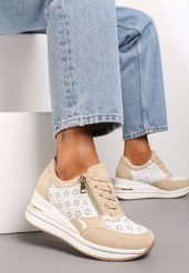 Beżowe Sneakersy z Ażurową Perforacją Suwakiem i Ukrytym Koturnem Pelaria. Brązowe obuwie sportowe damskie Renee, z materiału, bez zapięcia. Za 119.99 zł.