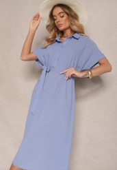 Granatowa Wiskozowa Sukienka Koszulowa z Wiązanym Paskiem w Talii Vanisti. Niebieskie sukienki damskie Renee, bez wzorów, z wiskozy, eleganckie, bez ramiączek. W wyprzedaży za 63.99 zł.