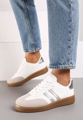 Srebrne Płaskie Sneakersy z Paskami Ardama. Białe obuwie sportowe damskie Born2be, z jeansu, bez zapięcia. Za 44.99 zł.