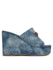 Guess Klapki FLJEV2 DEN04 Niebieski. Niebieskie klapki damskie Guess, z aplikacjami, z materiału, bez obcasa, bez zapięcia. Za 549.99 zł.