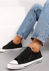 Czarne Trampki z Krótką Ażurową Cholewką Paerina. Czarne trampki damskie Renee, w ażurowe wzory, z jeansu, bez zapięcia. Za 39.99 zł.