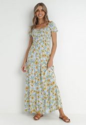 Jasnoniebieska Sukienka Bloch. Niebieskie sukienki damskie Born2be, bez wzorów, z tkaniny, boho, bez ramiączek. Za 149.99 zł.