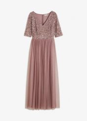 Suknia wieczorowa z delikatnego tiulu z aplikacją z cekinów. Czerwone sukienki damskie bonprix, z aplikacjami, z tiulu, eleganckie, bez ramiączek. Za 269.99 zł.