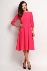 Różowa Elegancka Rozkloszowana Sukienka Midi z Rękawem 3/4. Czerwone sukienki damskie Awama, bez wzorów, z elastanu, eleganckie, bez ramiączek. Za 197.90 zł.