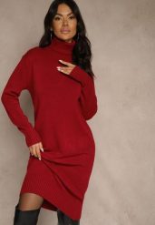 Bordowa Sweterkowa Sukienka z Bawełną i Golfem Reinaria. Czerwone sukienki damskie Renee, bez wzorów, z bawełny, bez ramiączek. Za 99.99 zł.