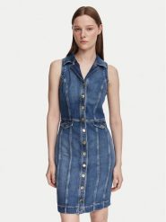 Guess Sukienka jeansowa W6YK24 D1763 Niebieski Slim Fit. Niebieskie sukienki damskie Guess, z aplikacjami, z bawełny, bez ramiączek. Za 794.99 zł.