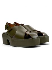 Camper Skórzane sandały "Billie" w kolorze khaki na obcasie rozmiar: 36. Brązowe sandały damskie Camper, bez wzorów, z otwartym noskiem, bez obcasa, na koturnie, bez zapięcia. Za 304.99 zł.