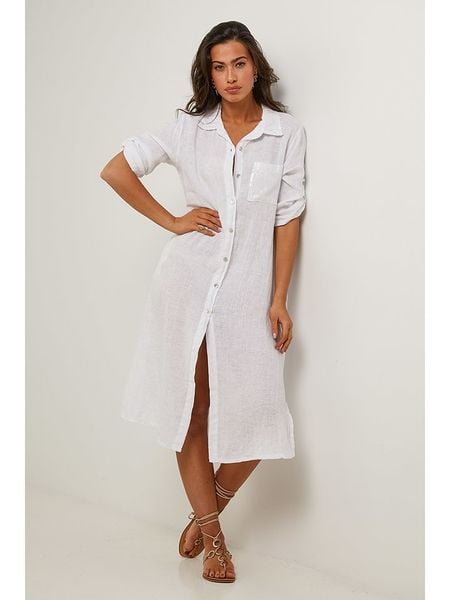 Le Monde du Lin Lniana sukienka w kolorze białym rozmiar: 38/40. Białe sukienki damskie Le Monde du Lin, bez wzorów, ze lnu, klasyczne, bez ramiączek. Za 158.47 zł.